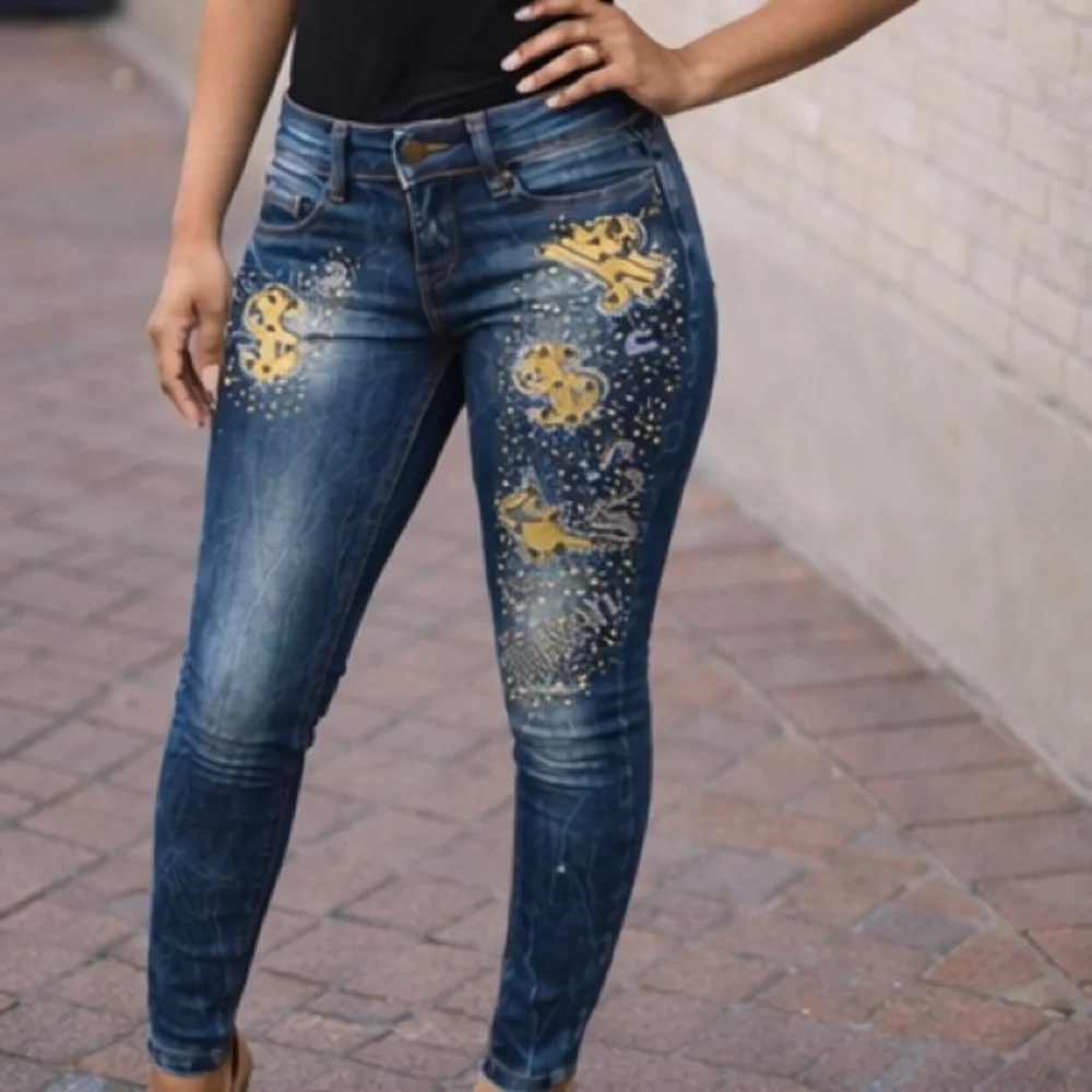 Y2K Low Rise Skinny Jeans Gold Rhinestone Embellished Denim - Picture 2 of 5